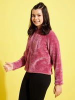 Thumbnail for Lyush Dark Pink Fur Front Zipper Jacket For Girls - Distacart