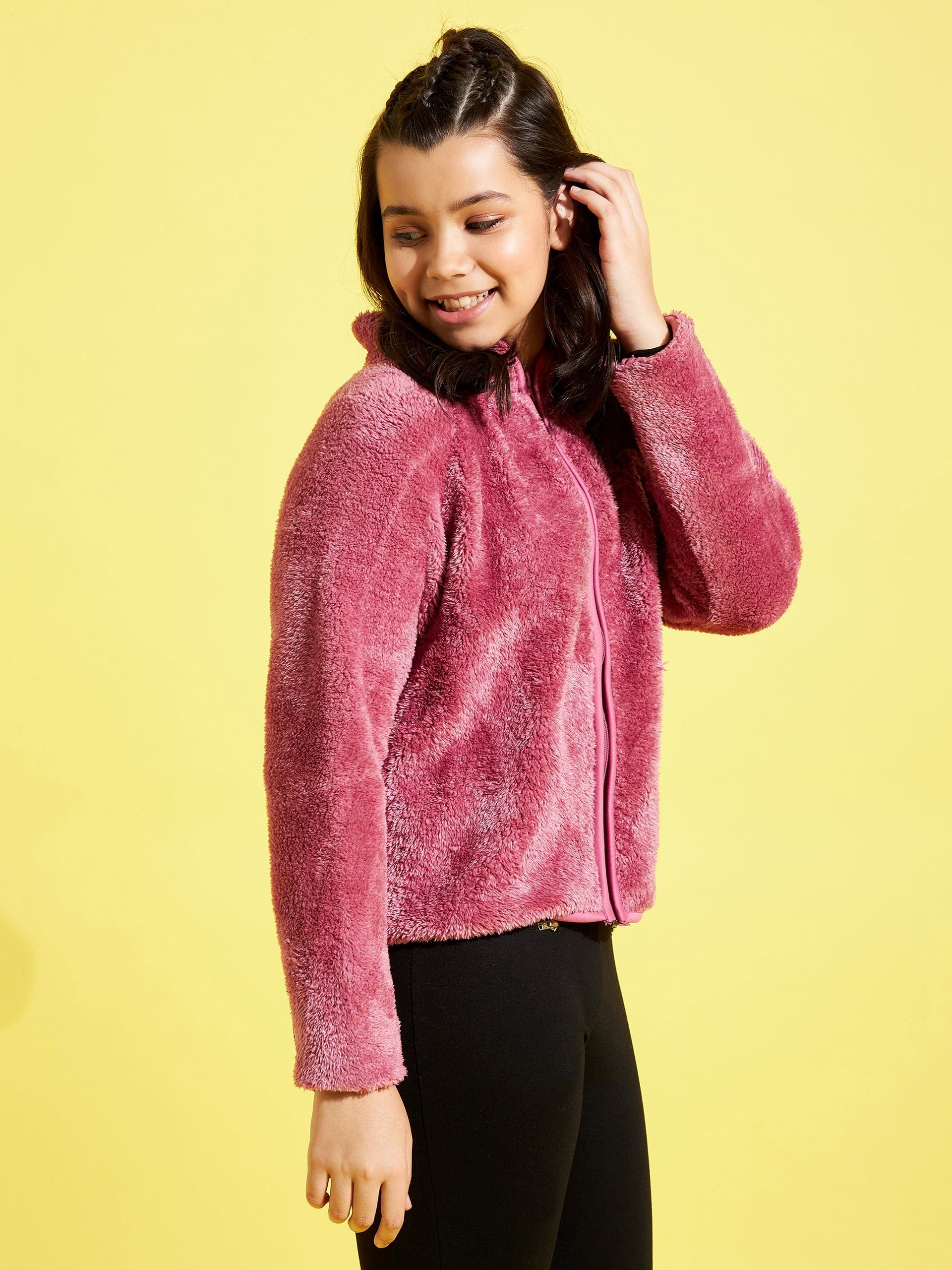 Lyush Dark Pink Fur Front Zipper Jacket For Girls - Distacart