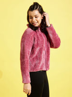 Thumbnail for Lyush Dark Pink Fur Front Zipper Jacket For Girls - Distacart