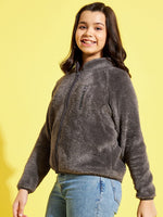 Thumbnail for Lyush Charcoal Grey Fur Front Zipper Jacket For Girls - Distacart