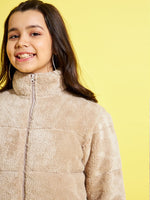 Thumbnail for Lyush Mouse Grey Fur Front Zipper Quilted Jacket For Girls - Distacart