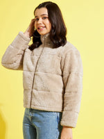 Thumbnail for Lyush Mouse Grey Fur Front Zipper Quilted Jacket For Girls - Distacart