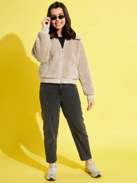 Thumbnail for Lyush Beige Fur Front Zip Pocket Jacket For Girls - Distacart