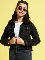 Thumbnail for Lyush Black Smiley Patch Denim Raw Hem Jacket For Girls - Distacart