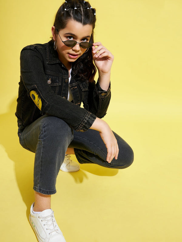Lyush Black Smiley Patch Denim Raw Hem Jacket For Girls - Distacart