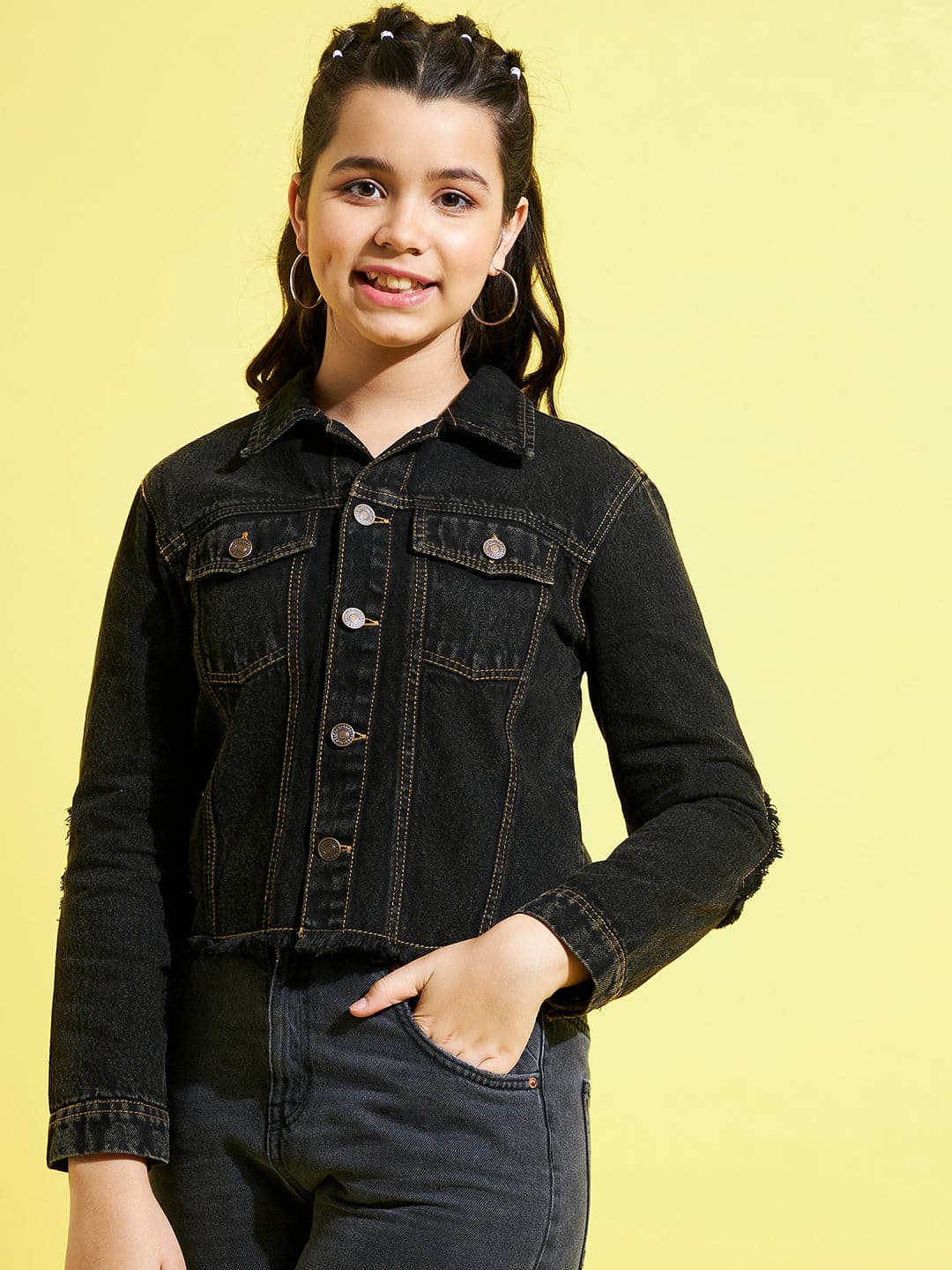 Lyush Black Smiley Patch Denim Raw Hem Jacket For Girls - Distacart