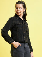 Thumbnail for Lyush Black Smiley Patch Denim Raw Hem Jacket For Girls - Distacart