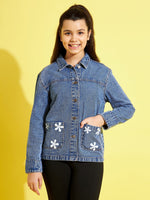 Thumbnail for Lyush Blue Flower Denim Jacket For Girls - Distacart