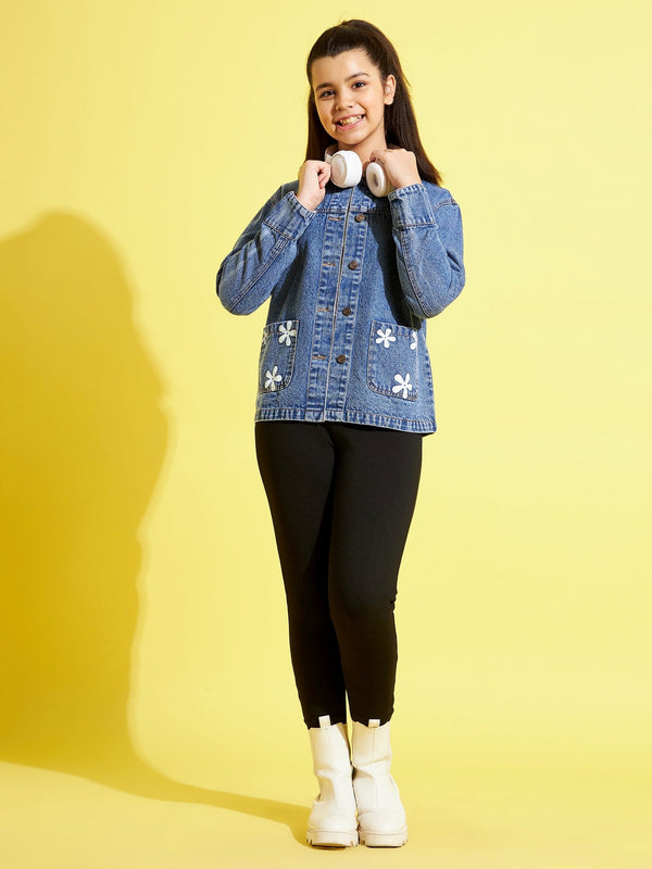 Lyush Blue Flower Denim Jacket For Girls - Distacart