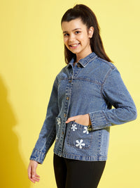 Thumbnail for Lyush Blue Flower Denim Jacket For Girls - Distacart