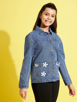 Thumbnail for Lyush Blue Flower Denim Jacket For Girls - Distacart