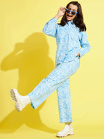 Thumbnail for Lyush Blue & White Abstract Waves Twill Shacket For Girls - Distacart