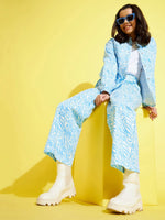 Thumbnail for Lyush Blue & White Abstract Waves Twill Shacket For Girls - Distacart
