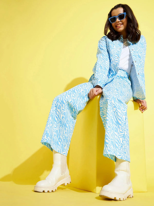 Lyush Blue & White Abstract Waves Twill Shacket For Girls - Distacart