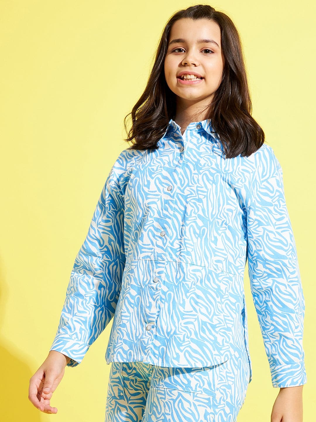 Lyush Blue & White Abstract Waves Twill Shacket For Girls - Distacart