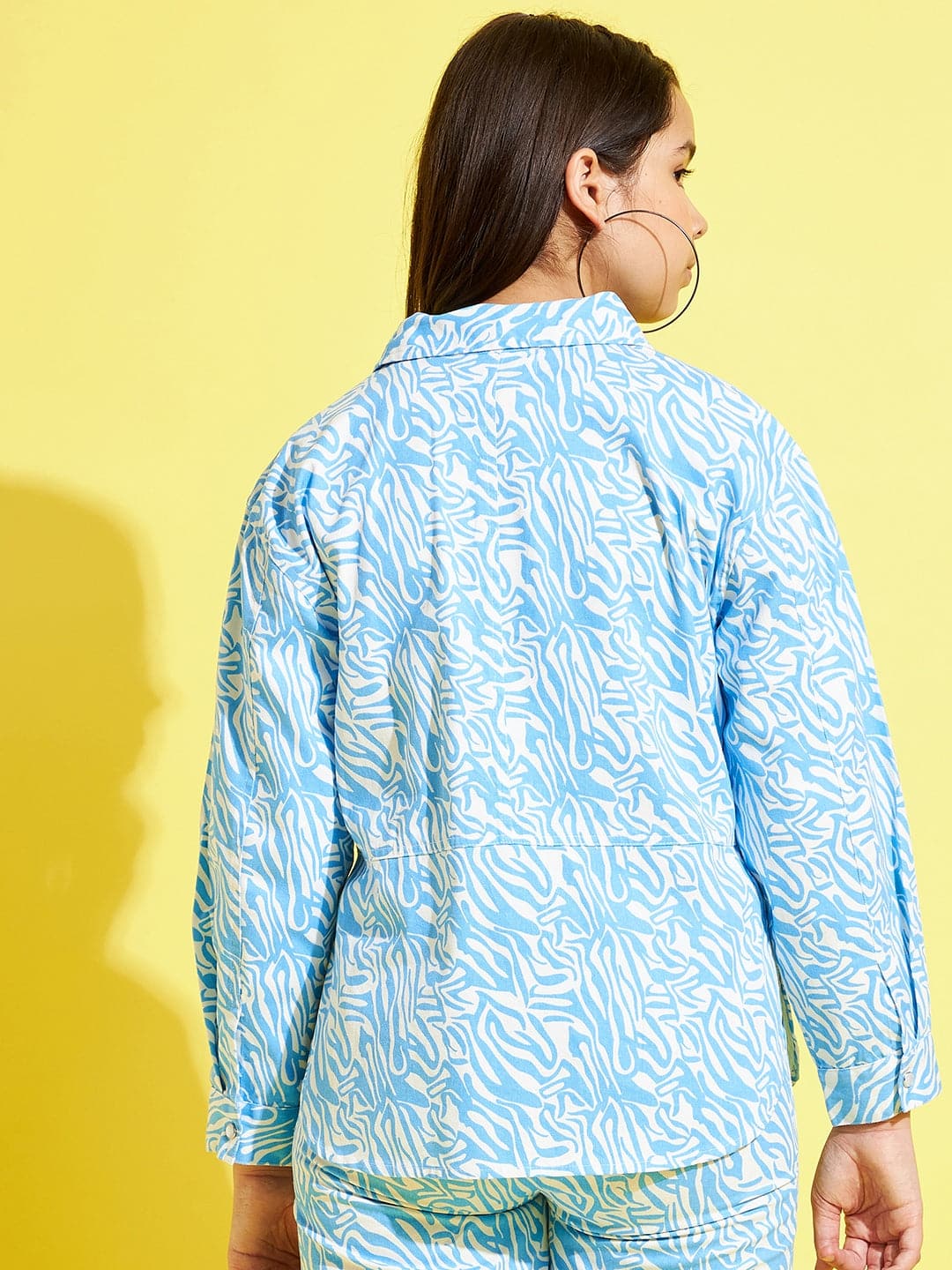 Lyush Blue & White Abstract Waves Twill Shacket For Girls - Distacart