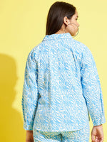 Thumbnail for Lyush Blue & White Abstract Waves Twill Shacket For Girls - Distacart