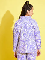 Thumbnail for Lyush Lavender & White Abstract Waves Twill Shacket For Girls - Distacart