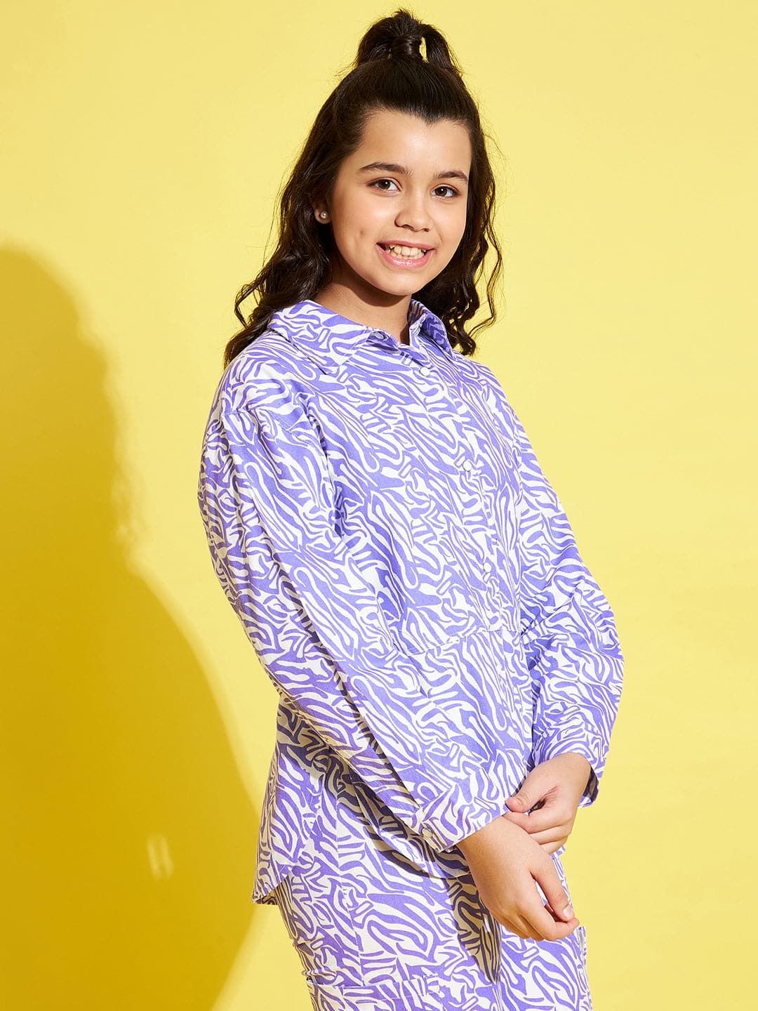 Lyush Lavender & White Abstract Waves Twill Shacket For Girls - Distacart
