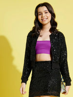 Thumbnail for Lyush Black Sequin Mesh Crop Jacket For Girls - Distacart