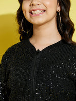 Thumbnail for Lyush Black Sequin Mesh Crop Jacket For Girls - Distacart