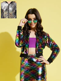 Thumbnail for Lyush Multicolor Sequin Mesh Crop Jacket For Girls - Distacart
