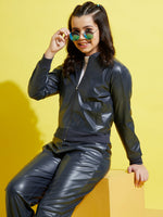 Thumbnail for Lyush Navy PU Front Zipper Jacket For Girls - Distacart
