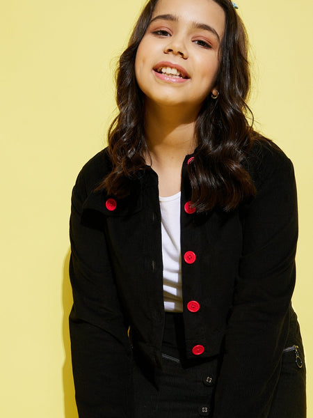 Lyush Black Corduroy Front Button Crop Jacket For Girls - Distacart