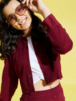 Thumbnail for Lyush Burgundy Corduroy Front Button Crop Jacket For Girls - Distacart