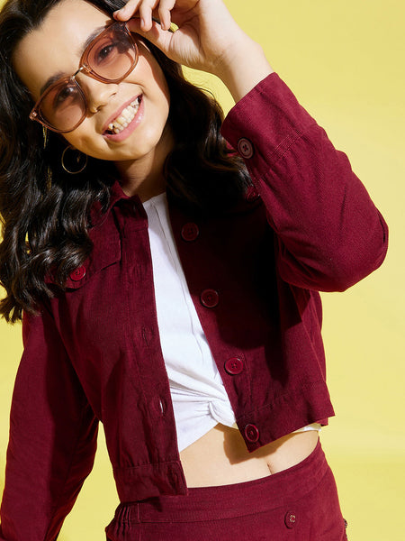 Lyush Burgundy Corduroy Front Button Crop Jacket For Girls - Distacart