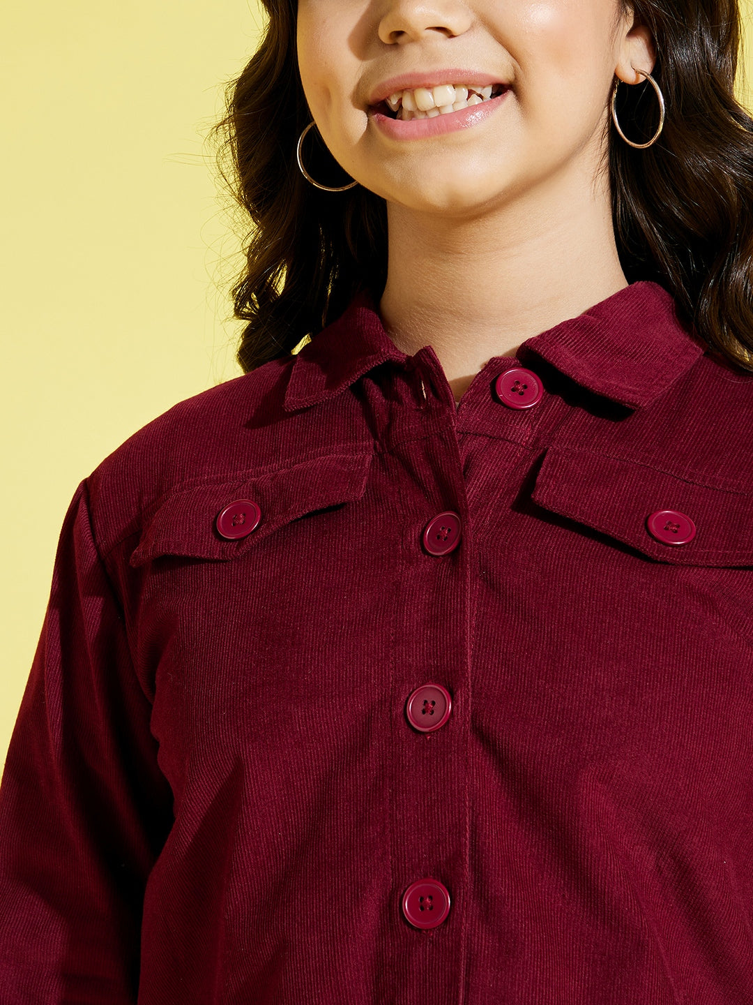Lyush Burgundy Corduroy Front Button Crop Jacket For Girls - Distacart