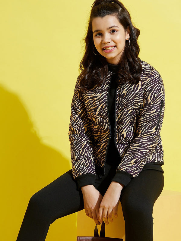 Lyush Brown Zebra Quilted Bomber Jacket For Girls - Distacart