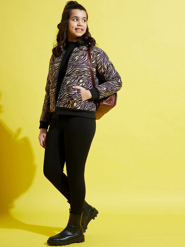 Lyush Brown Zebra Quilted Bomber Jacket For Girls - Distacart