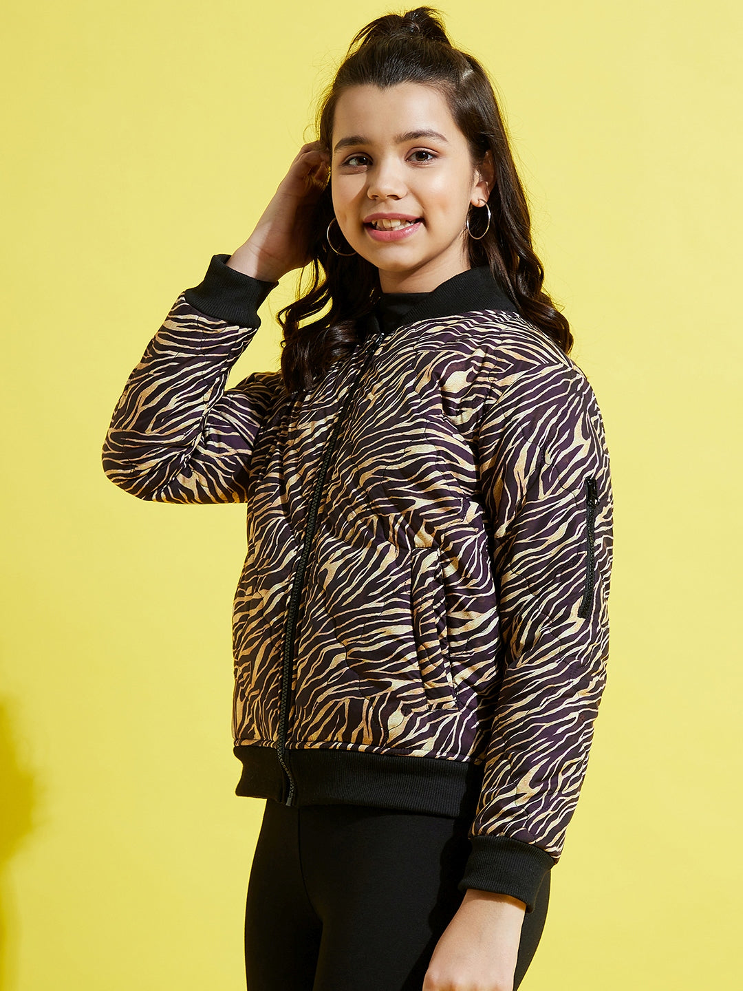 Lyush Brown Zebra Quilted Bomber Jacket For Girls - Distacart