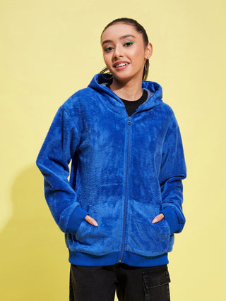 Lyush Girls Royal Blue Fleece Fur Front Pocket Hoodie Jacket - Distacart