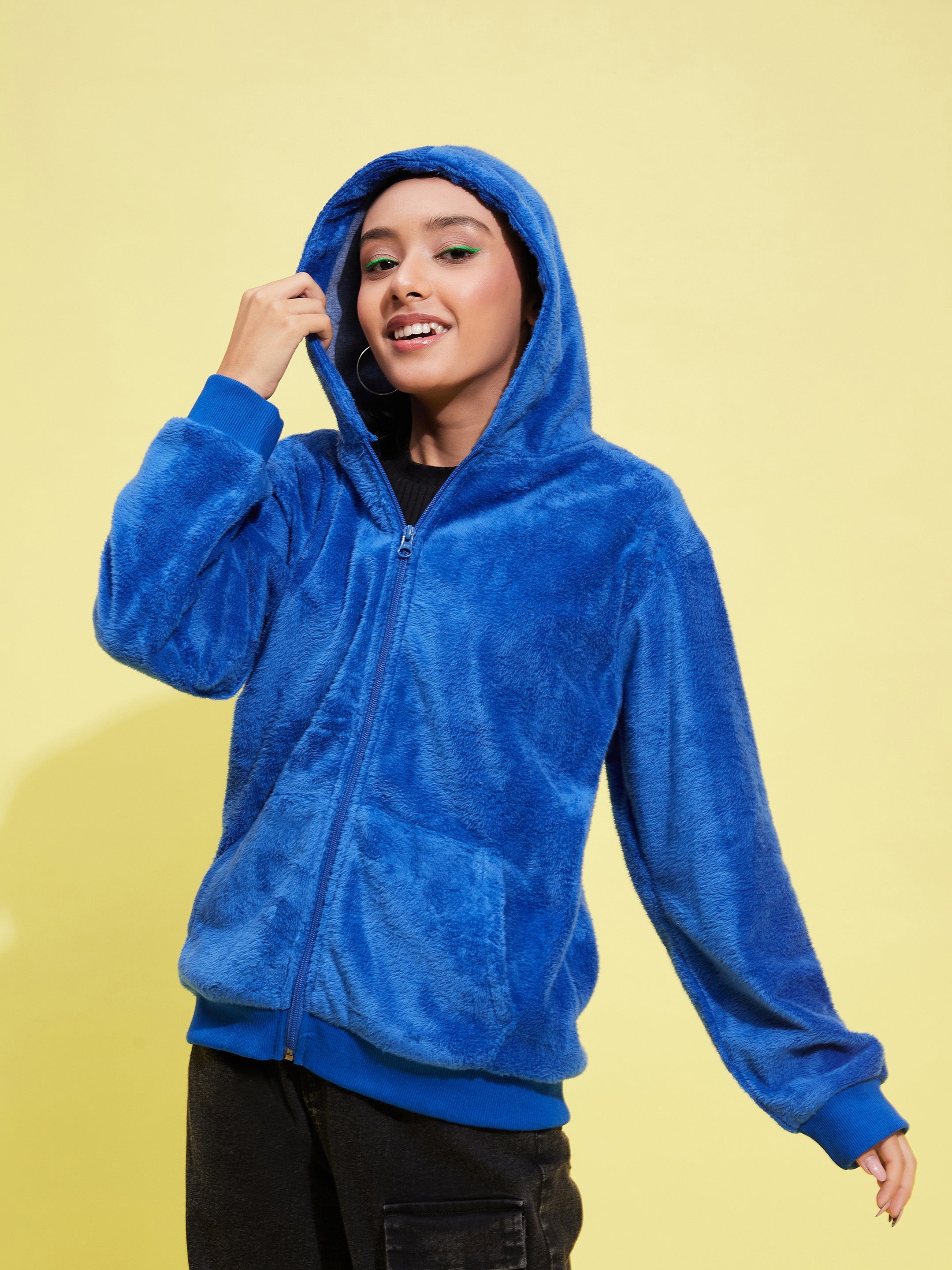 Lyush Girls Royal Blue Fleece Fur Front Pocket Hoodie Jacket - Distacart