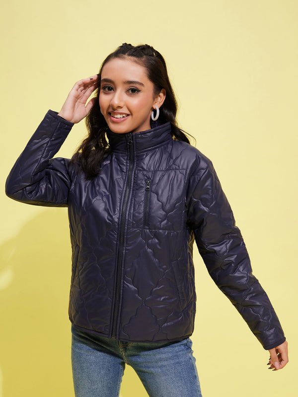 Lyush Girls Navy Quilted Zipper Jacket - Distacart