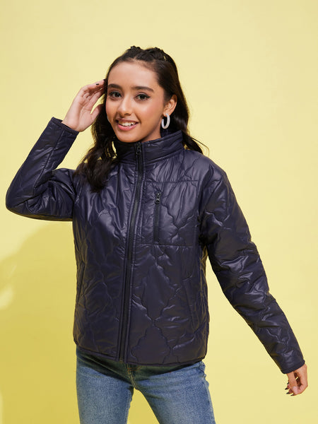 Lyush Girls Navy Quilted Zipper Jacket - Distacart