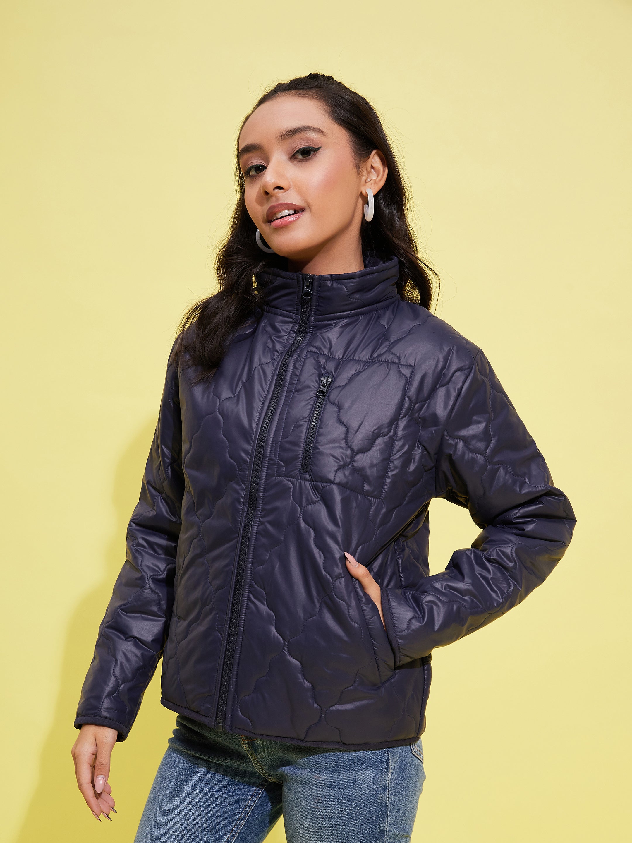 Lyush Girls Navy Quilted Zipper Jacket - Distacart