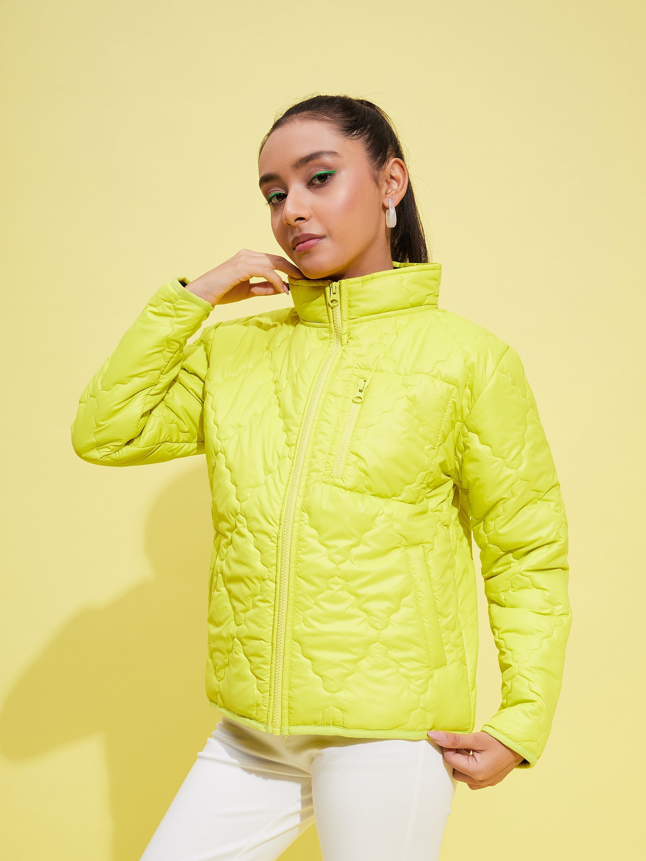 Lyush Girls Neon Yellow Quilted Zipper Jacket - Distacart
