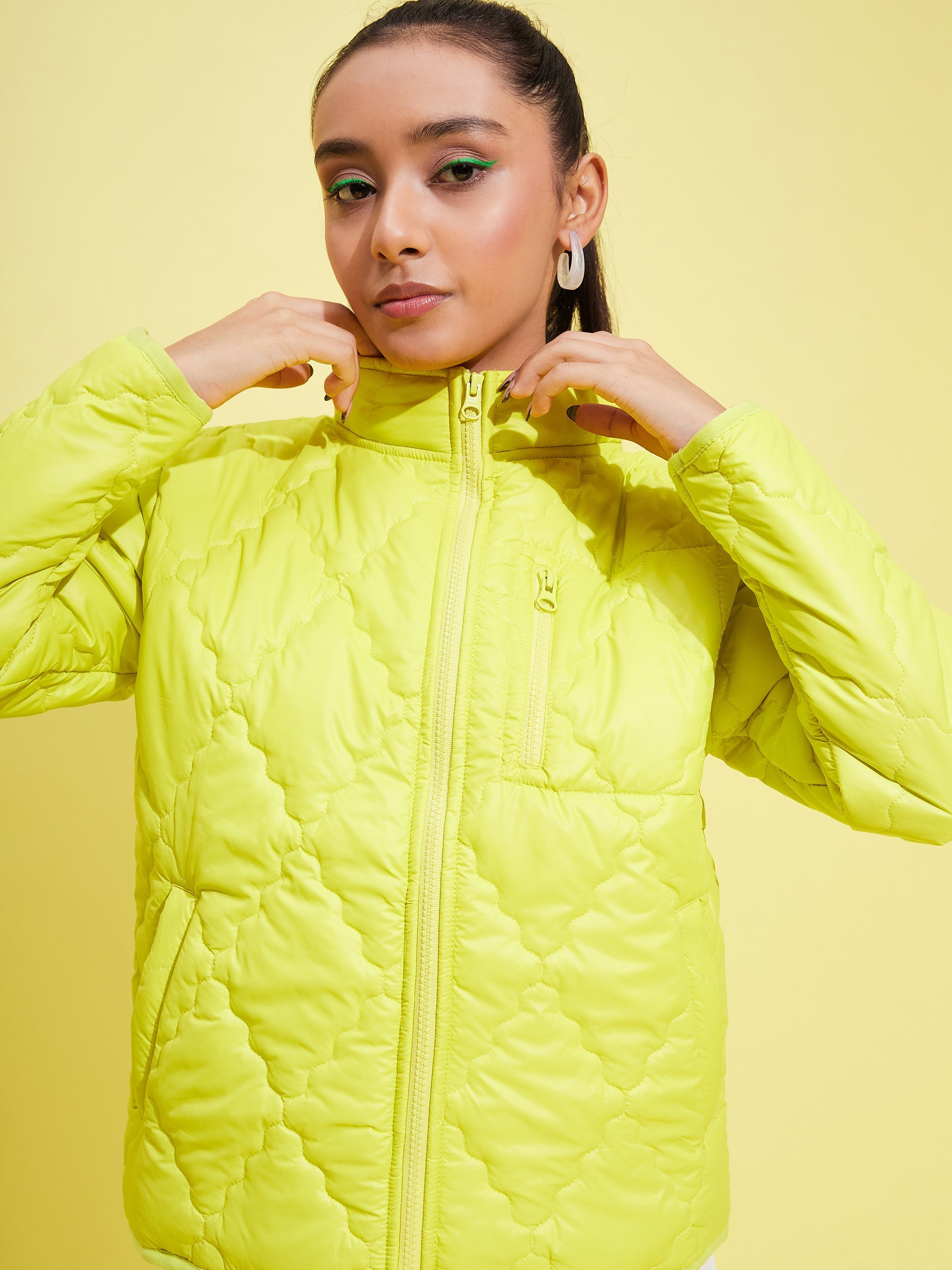 Lyush Girls Neon Yellow Quilted Zipper Jacket - Distacart
