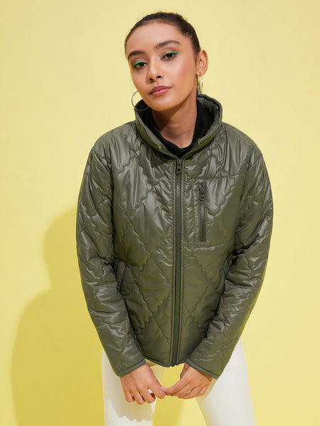 Lyush Girls Olive Quilted Zipper Jacket - Distacart