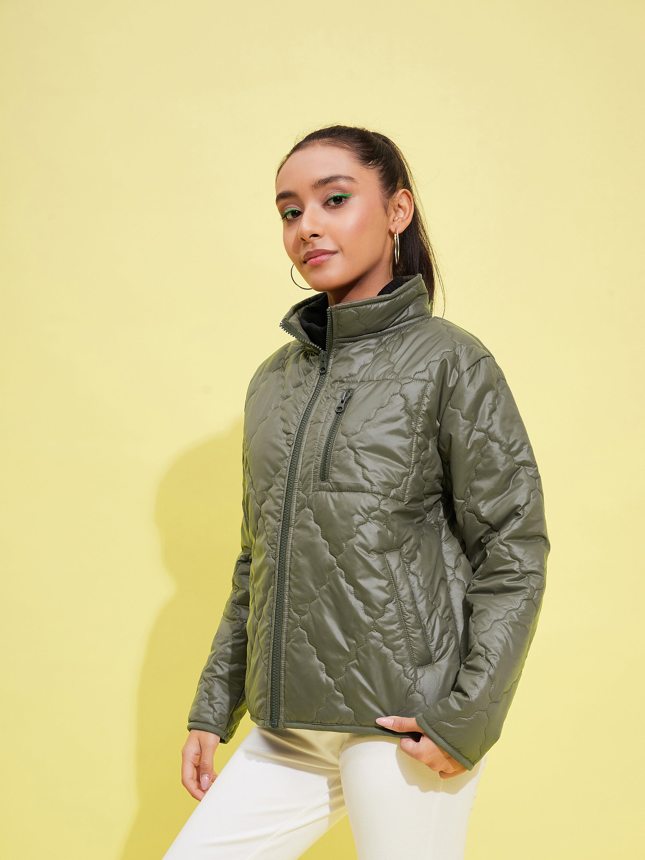 Lyush Girls Olive Quilted Zipper Jacket - Distacart