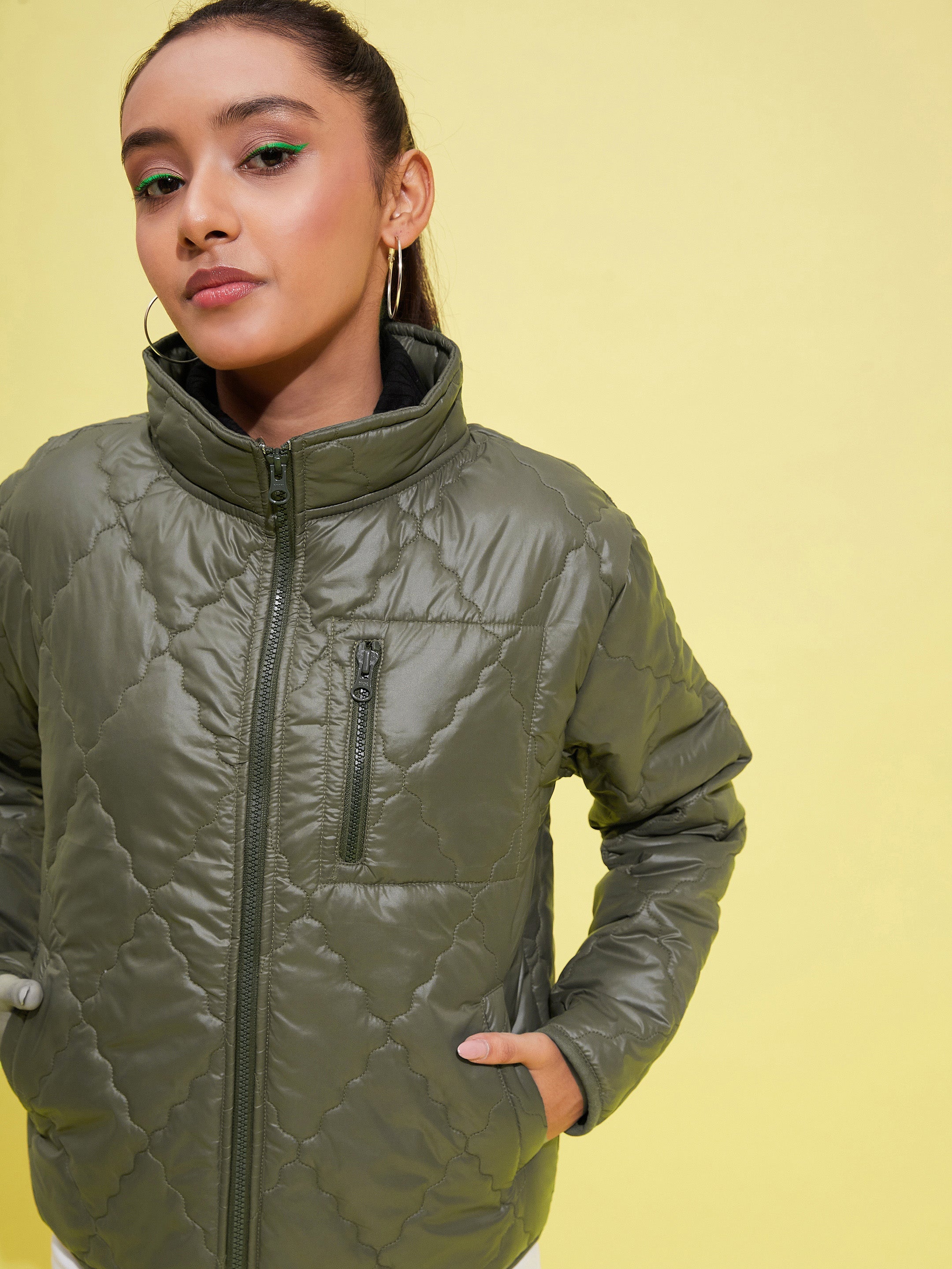 Lyush Girls Olive Quilted Zipper Jacket - Distacart