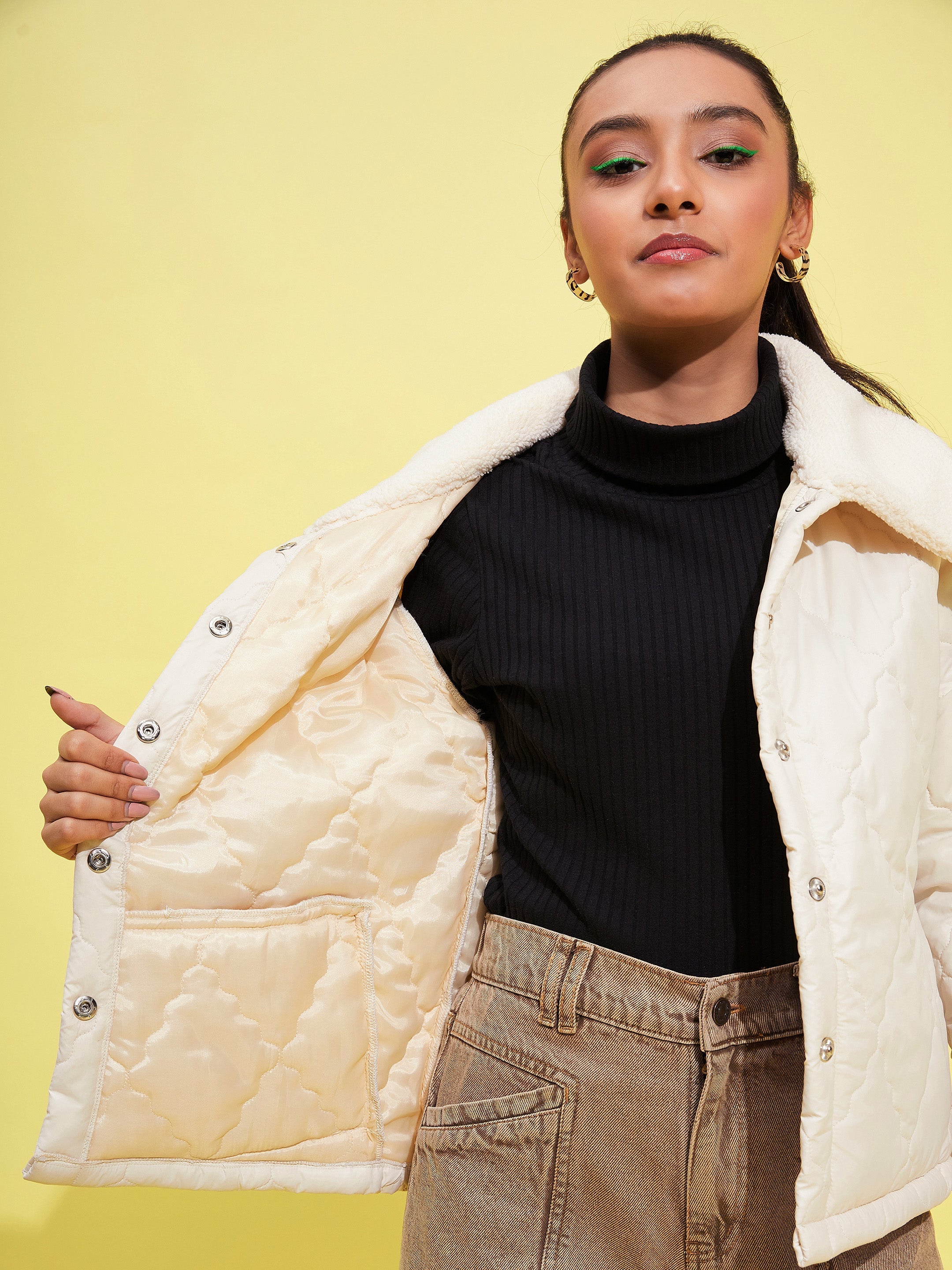 Lyush Girls Off White Fur Collar Quilted Jacket - Distacart