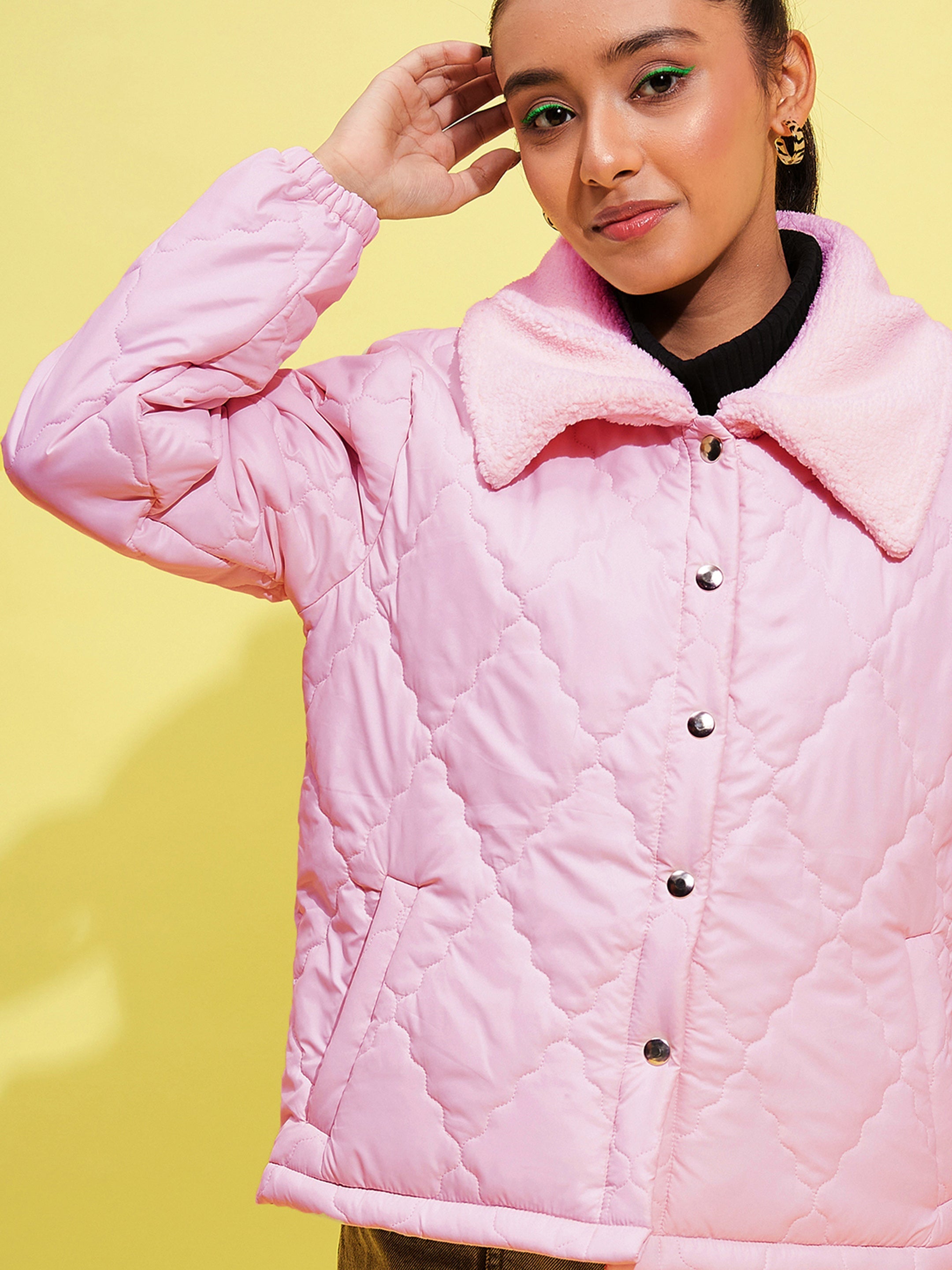Lyush Girls Pink Fur Fur Collar Quilted Jacket - Distacart