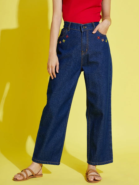 Lyush Navy Pocket Embroidery Straight Jeans For Girls - Distacart