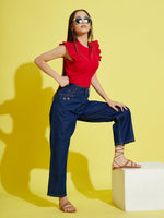 Thumbnail for Lyush Navy Pocket Embroidery Straight Jeans For Girls - Distacart