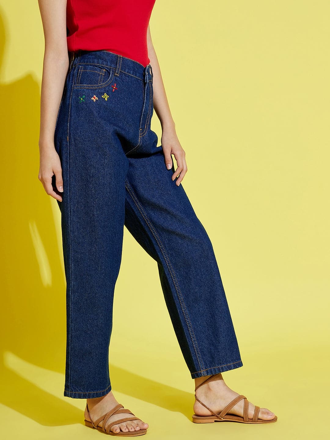 Lyush Navy Pocket Embroidery Straight Jeans For Girls - Distacart
