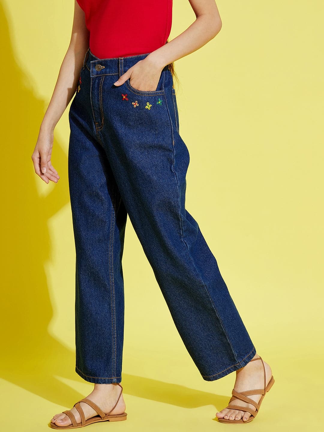 Lyush Navy Pocket Embroidery Straight Jeans For Girls - Distacart